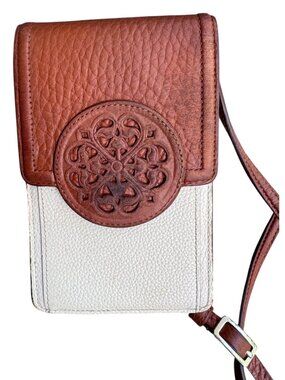 Brighton Ferrara Leather Crossbody Phone Bag Brown Cream Floral Tooled Flap Stra
